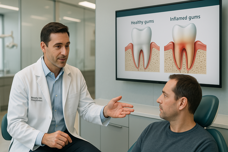 Periodontist explains natural treatment for periodontal disease to adult patient, showing healthy and inflamed gums on digital monitor in a modern Beverly Hills clinic