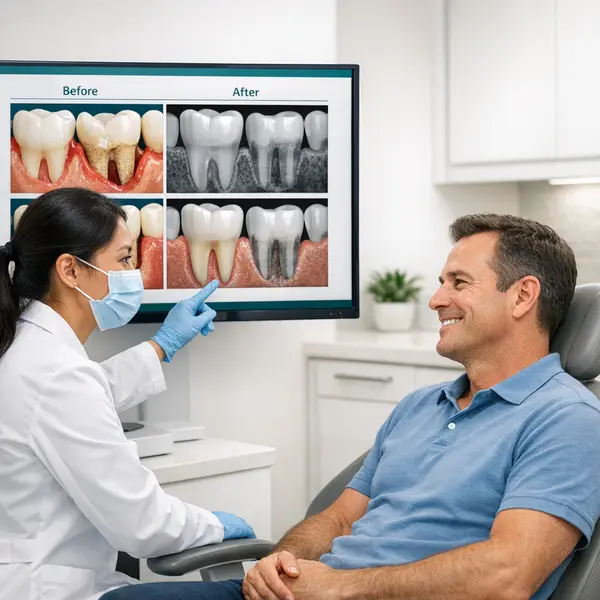 Periodontist reviewing osseous surgery before-and-after bone and gum health with patient in Beverly Hills clinic