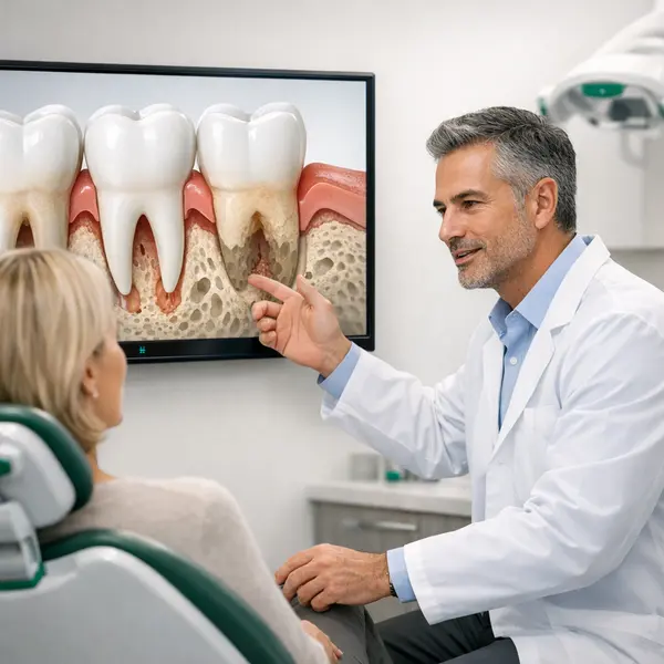 Periodontist explains osseous surgery to adult patient in Beverly Hills dental clinic with educational screen