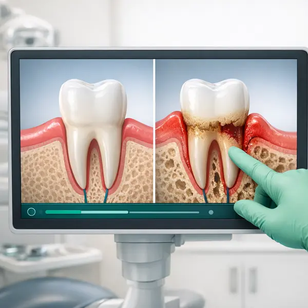 Split-screen illustration showing healthy and diseased gums and bone for Osseous Surgery education