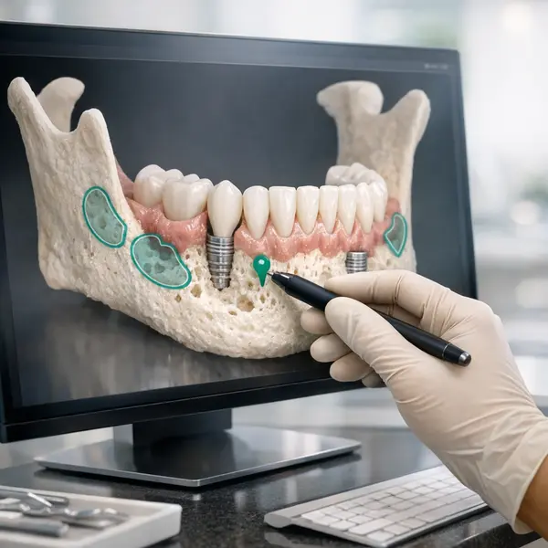 3D dental planning screen showing Los Angeles bone grafting sites with clinician hand guidance