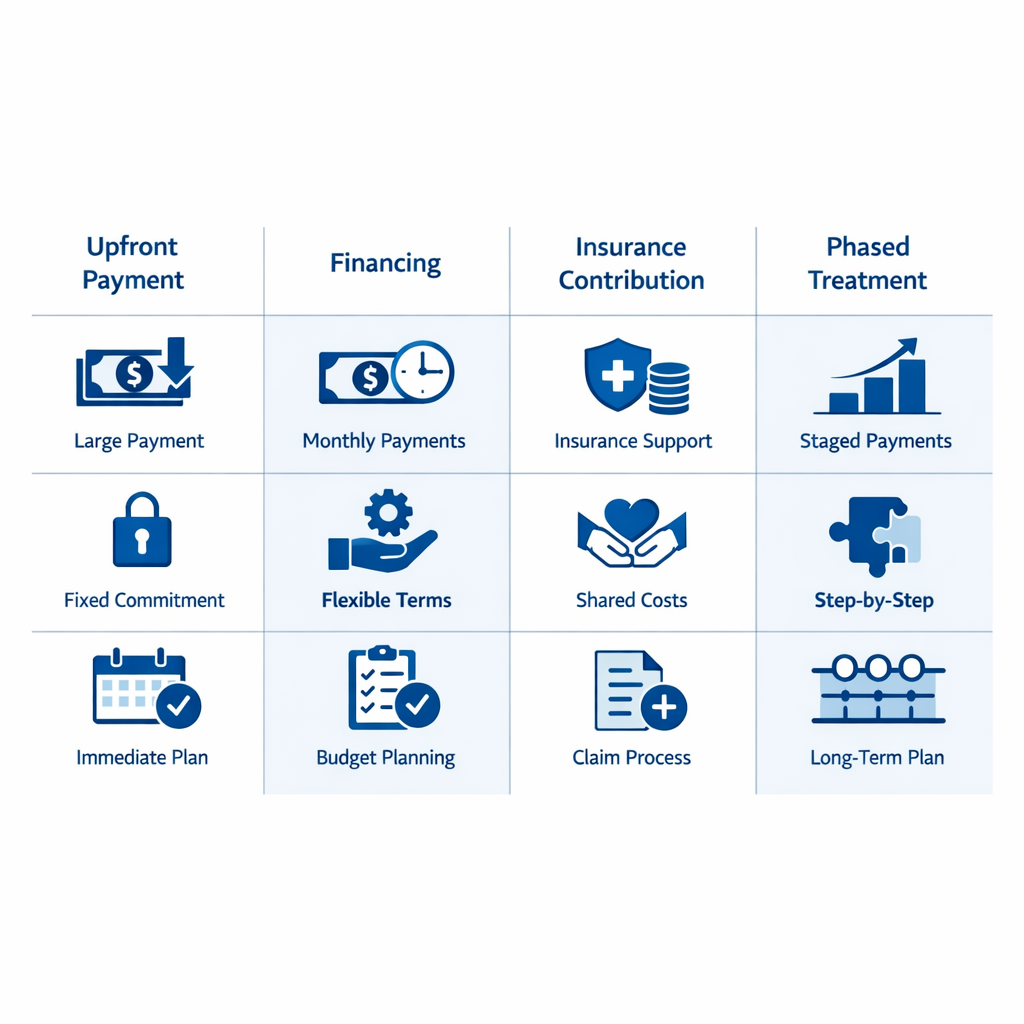 Infographic comparing payment options by cash flow, flexibility, and planning with four columns and icon rows.