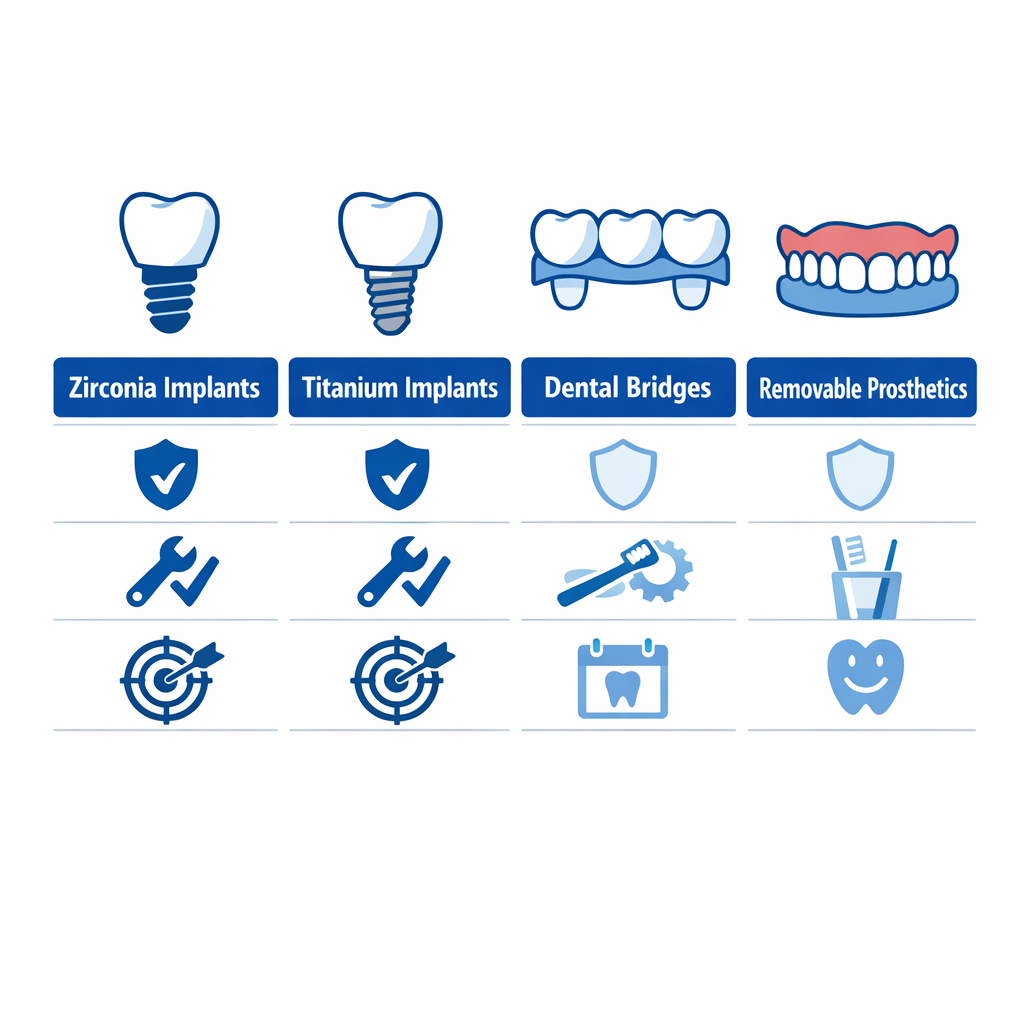 Infographic comparing four dental solutions across support, maintenance, and treatment goals.