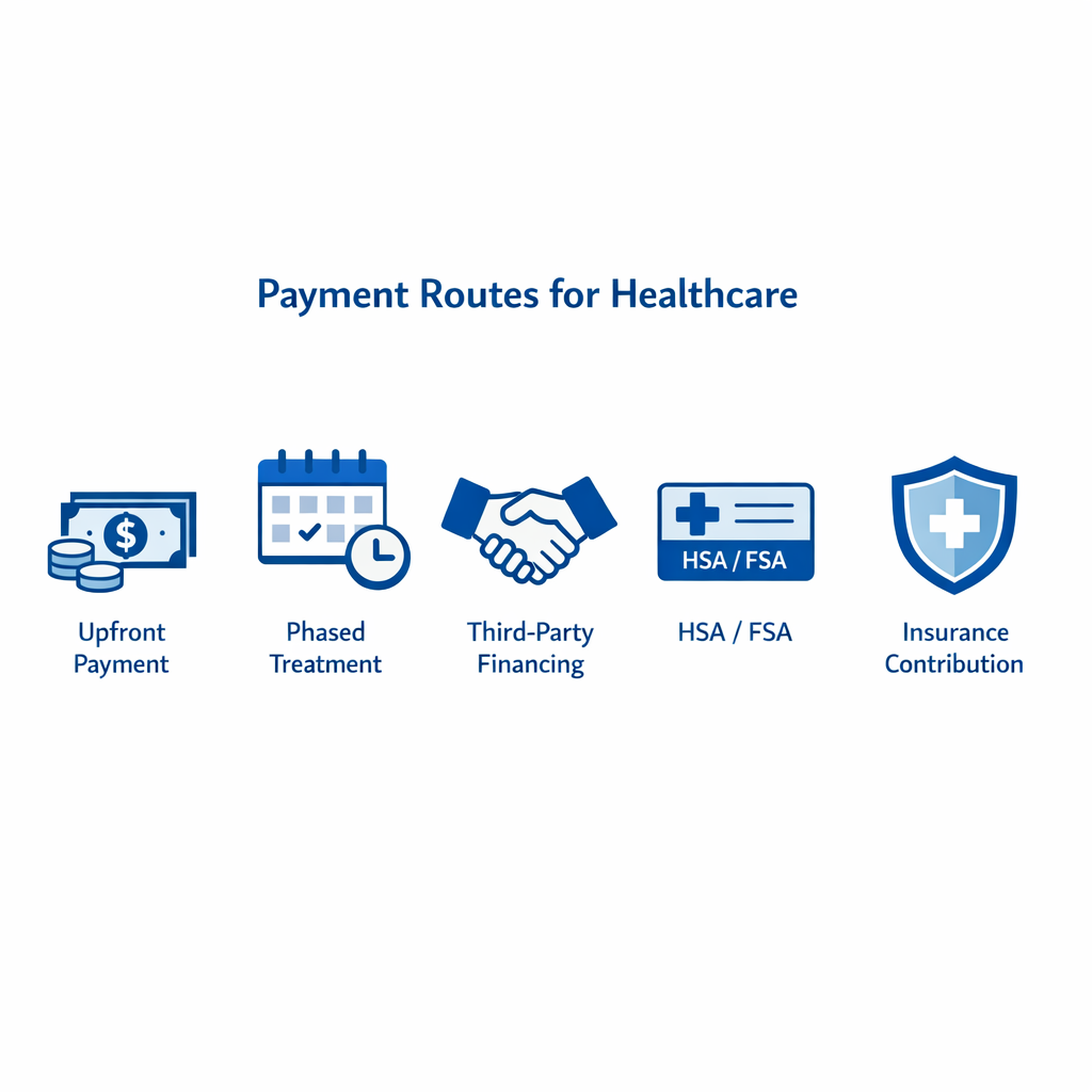 Infographic comparing five healthcare payment routes with distinct icons and clean layout.