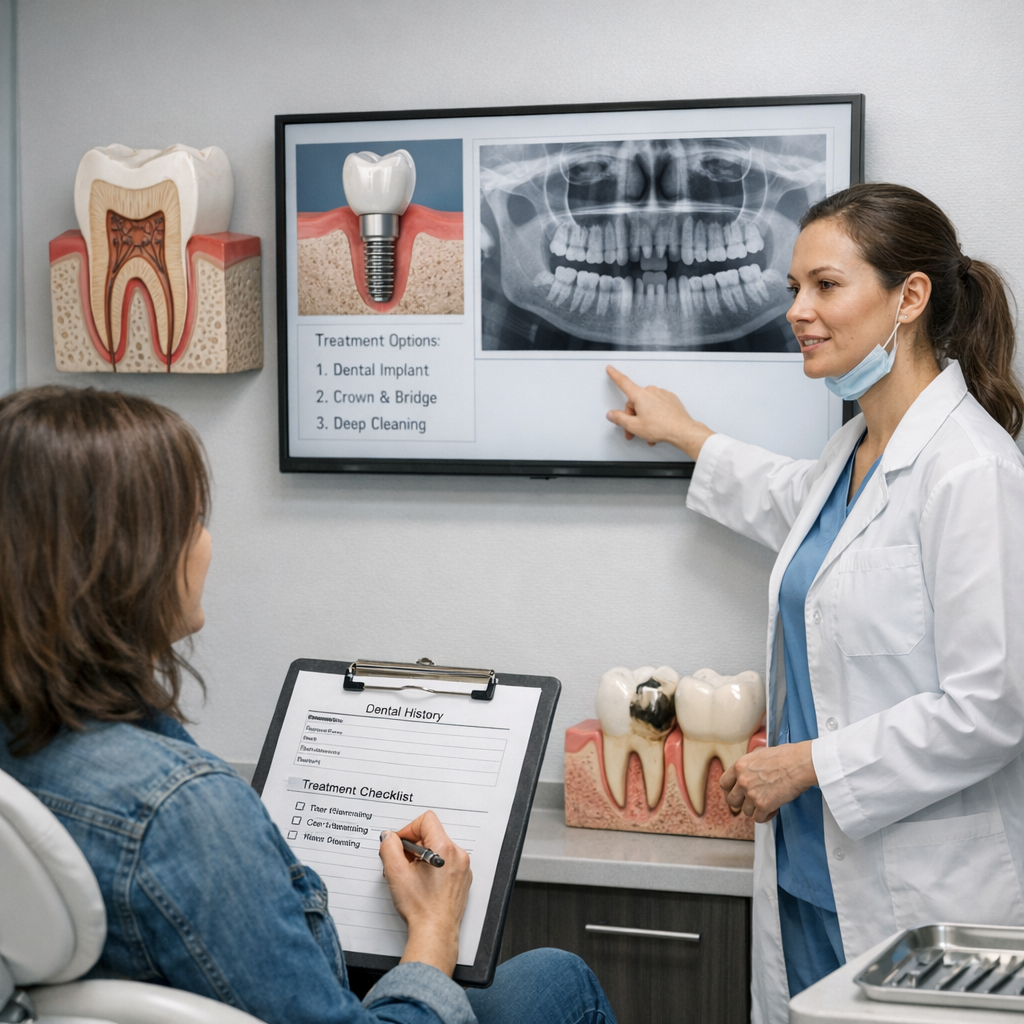 patient and dentist reviewing dental records and treatment options with digital X-ray display