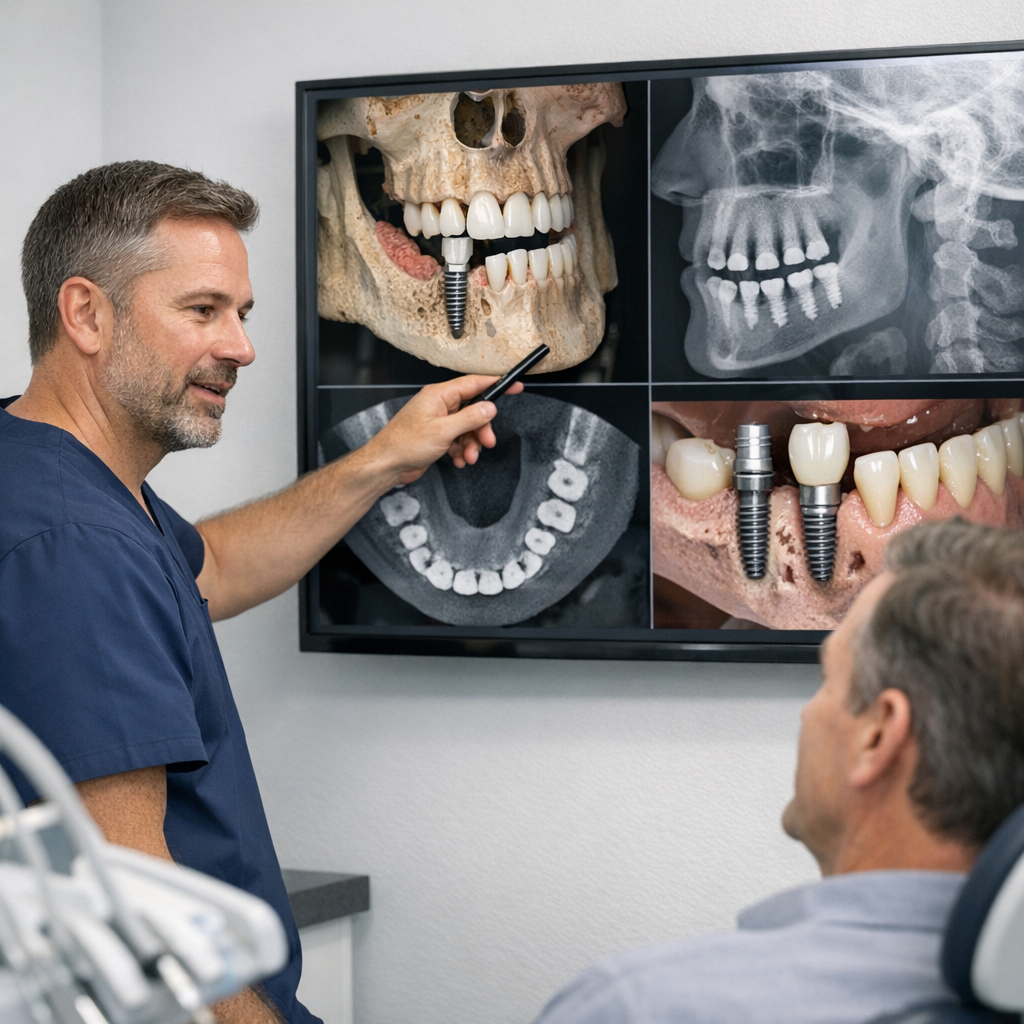 Dental specialist reviews digital X-rays with patient, showing bone levels and implant placement in modern exam room