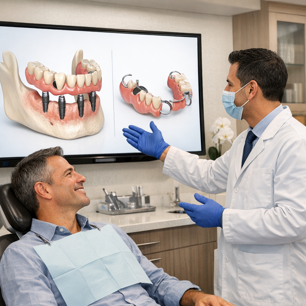 Illustration of a dental implant supported partial denture replacing missing teeth