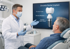 Dentist explaining zirconia dental implant options to an adult patient in a modern, well-lit dental clinic