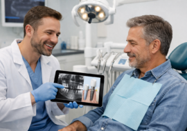 Dentist consulting with adult patient about dental implant options in a modern, well-equipped clinic