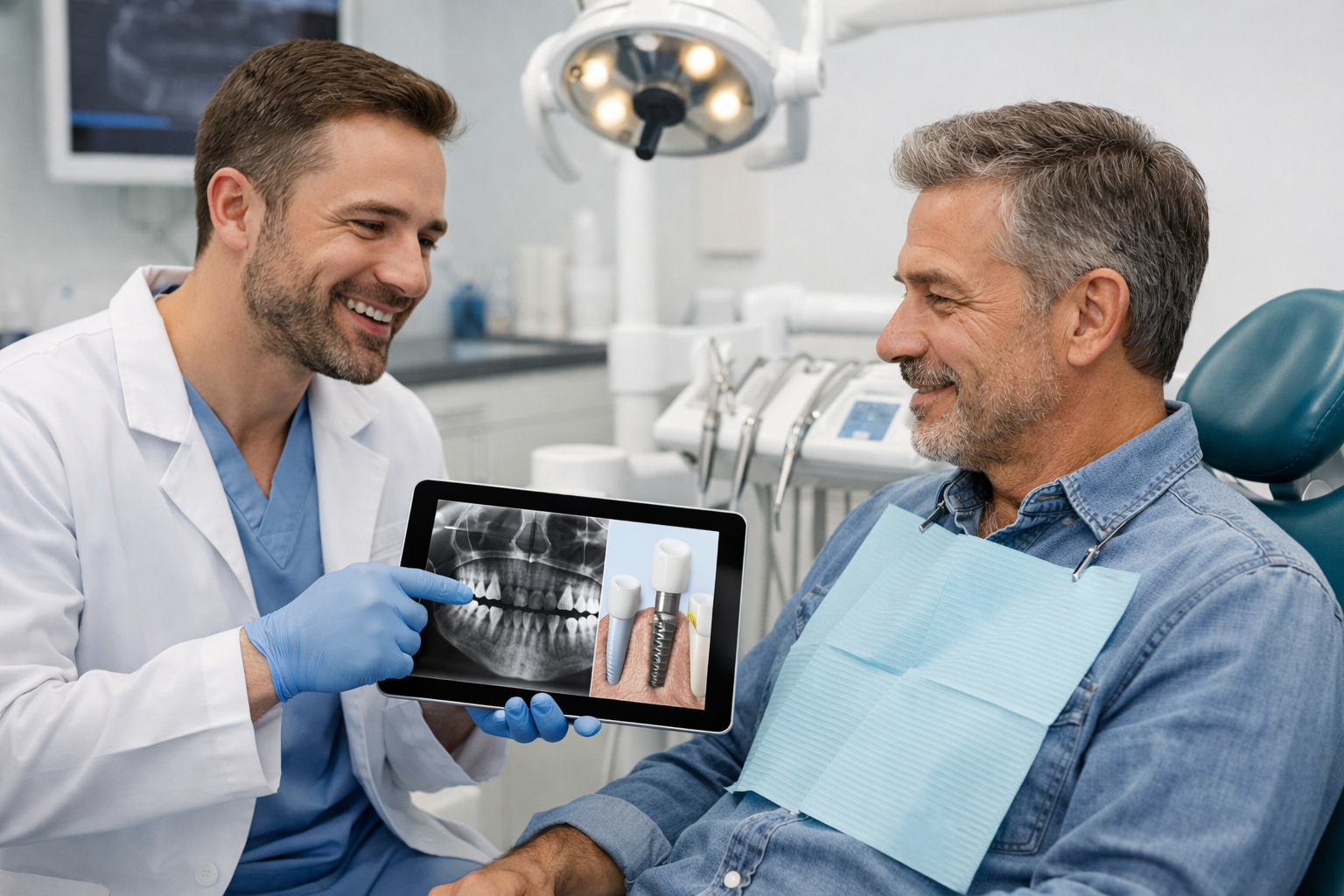 Dentist consulting with adult patient about dental implant options in a modern, well-equipped clinic