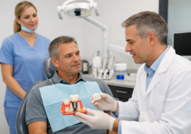 Dentist and patient consultation about dental implants and bone grafting in a modern, well-lit periodontal clinic