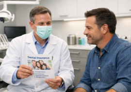 Dentist and adult patient discussing dental insurance options in a modern, well-lit clinic with visible dental equipment