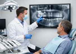Dentist explaining sinus lift procedure to adult patient in a modern dental clinic with digital X-ray display