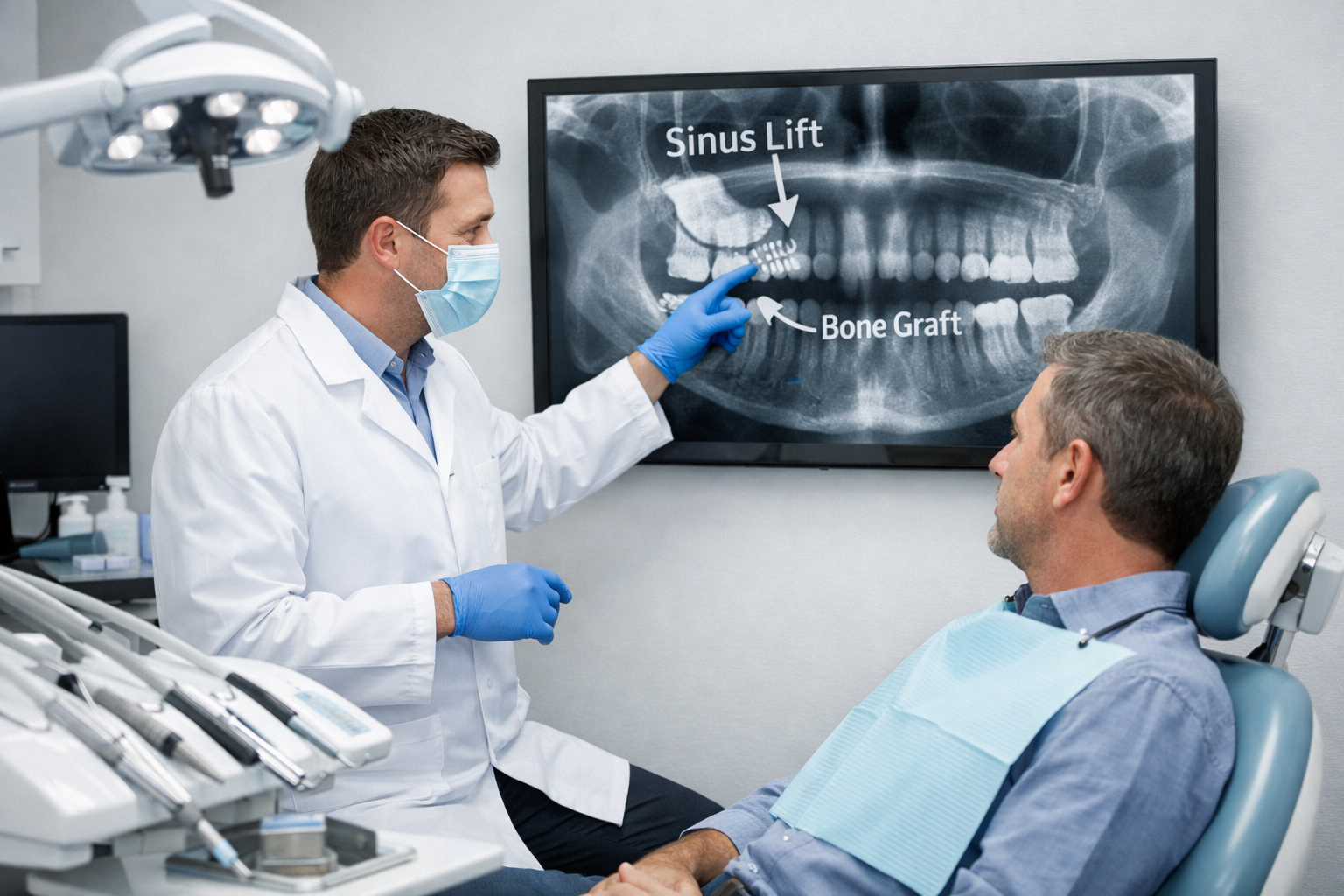 Dentist explaining sinus lift procedure to adult patient in a modern dental clinic with digital X-ray display