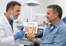 Dentist discussing bone graft procedure with adult patient in a modern dental clinic, highlighting periodontal health care