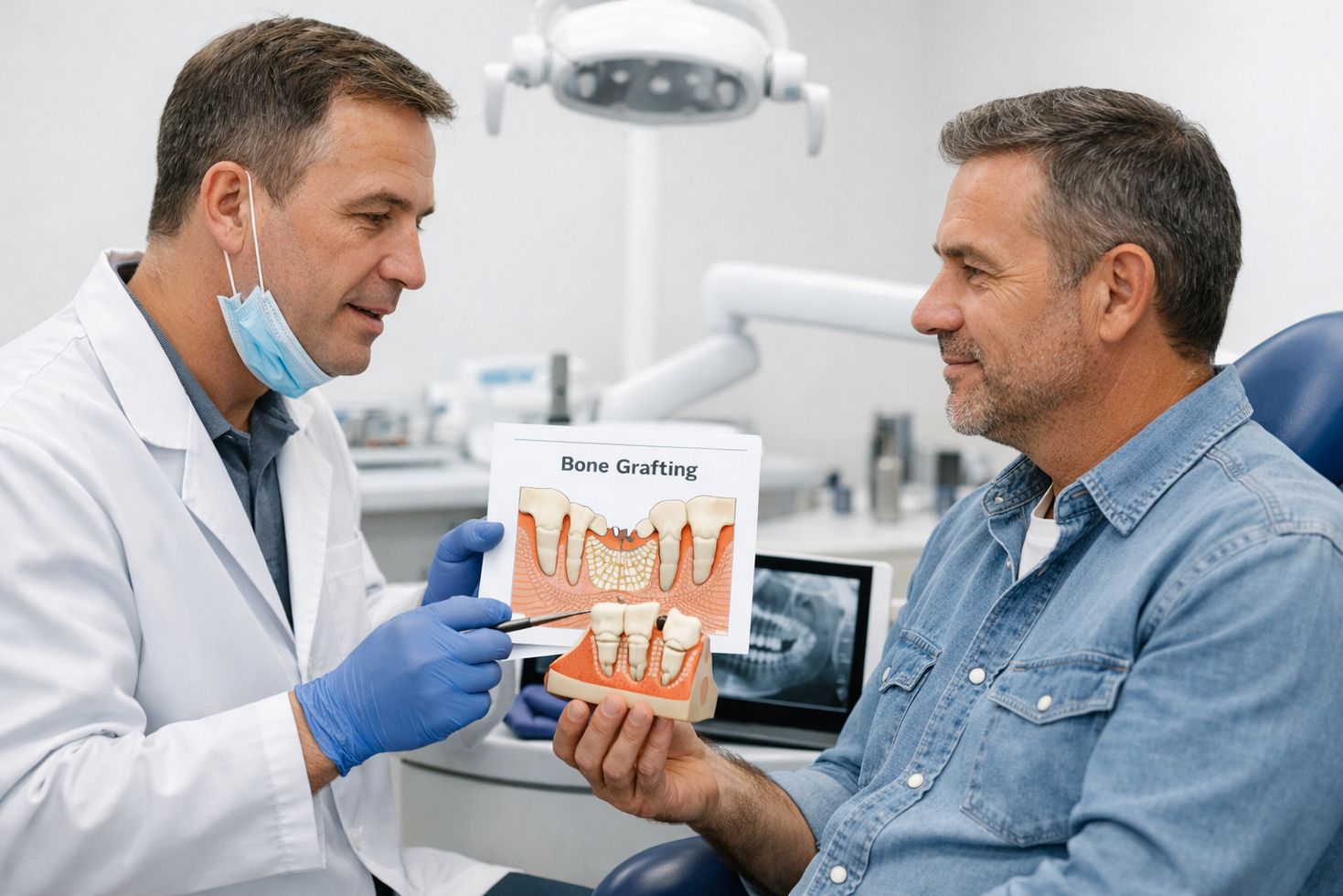 Dentist discussing bone graft procedure with adult patient in a modern dental clinic, highlighting periodontal health care
