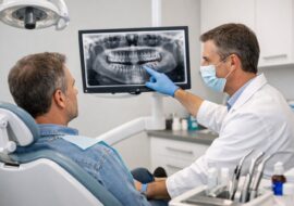 Dentist discussing teeth removal with adult patient in a clean, modern dental clinic, dental X-ray visible on monitor