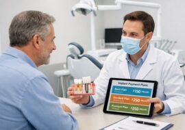 Dentist and adult patient discussing dental implant financing in a modern, bright dental clinic consultation room