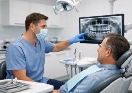 Dentist explaining crown lengthening procedure to adult patient in a bright, modern dental clinic with dental equipment