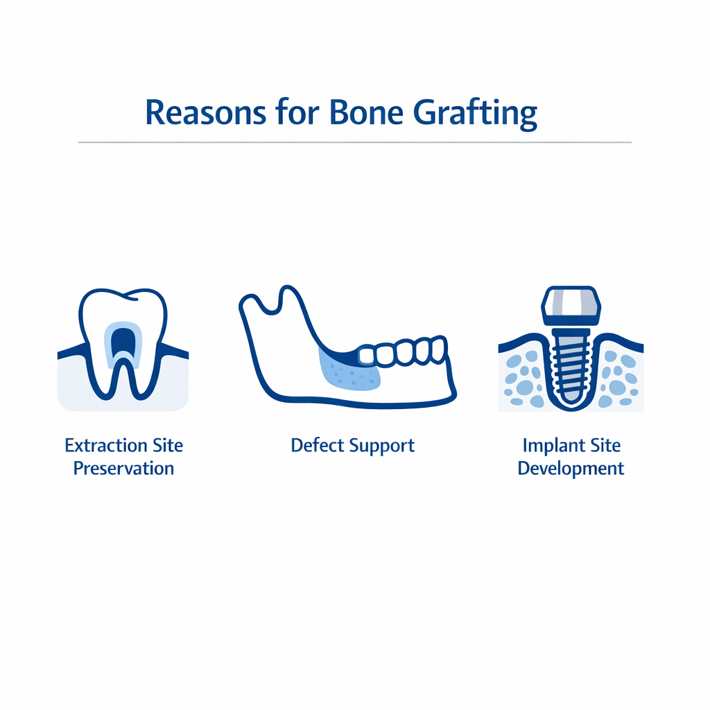 Infographic icons showing three common reasons for bone grafting in dentistry.