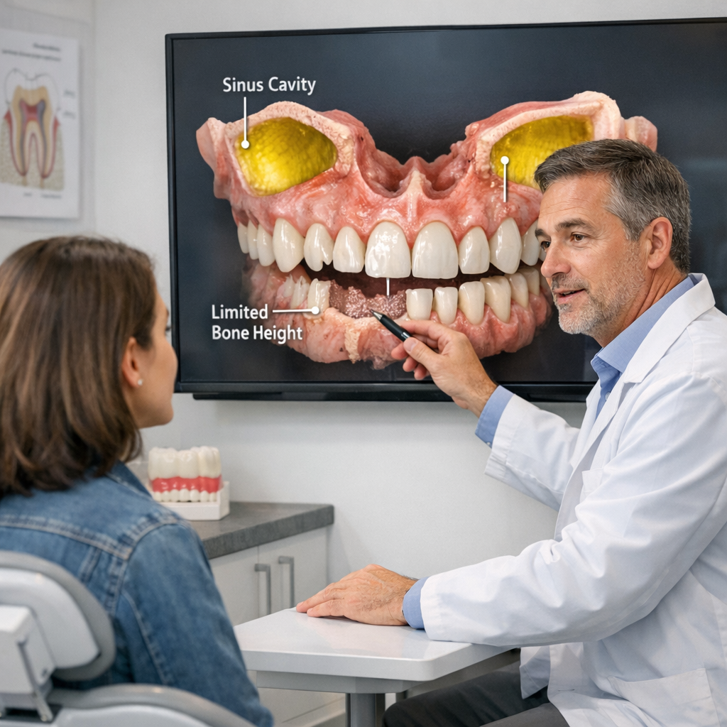Periodontist explaining upper jaw 3D scan with sinus area and bone height for dental implants in modern clinic