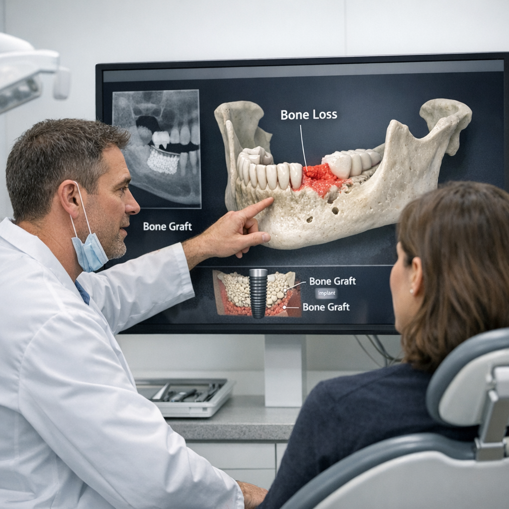 Dentist explains 3D jaw scan with reduced bone volume to patient using digital display in modern dental clinic