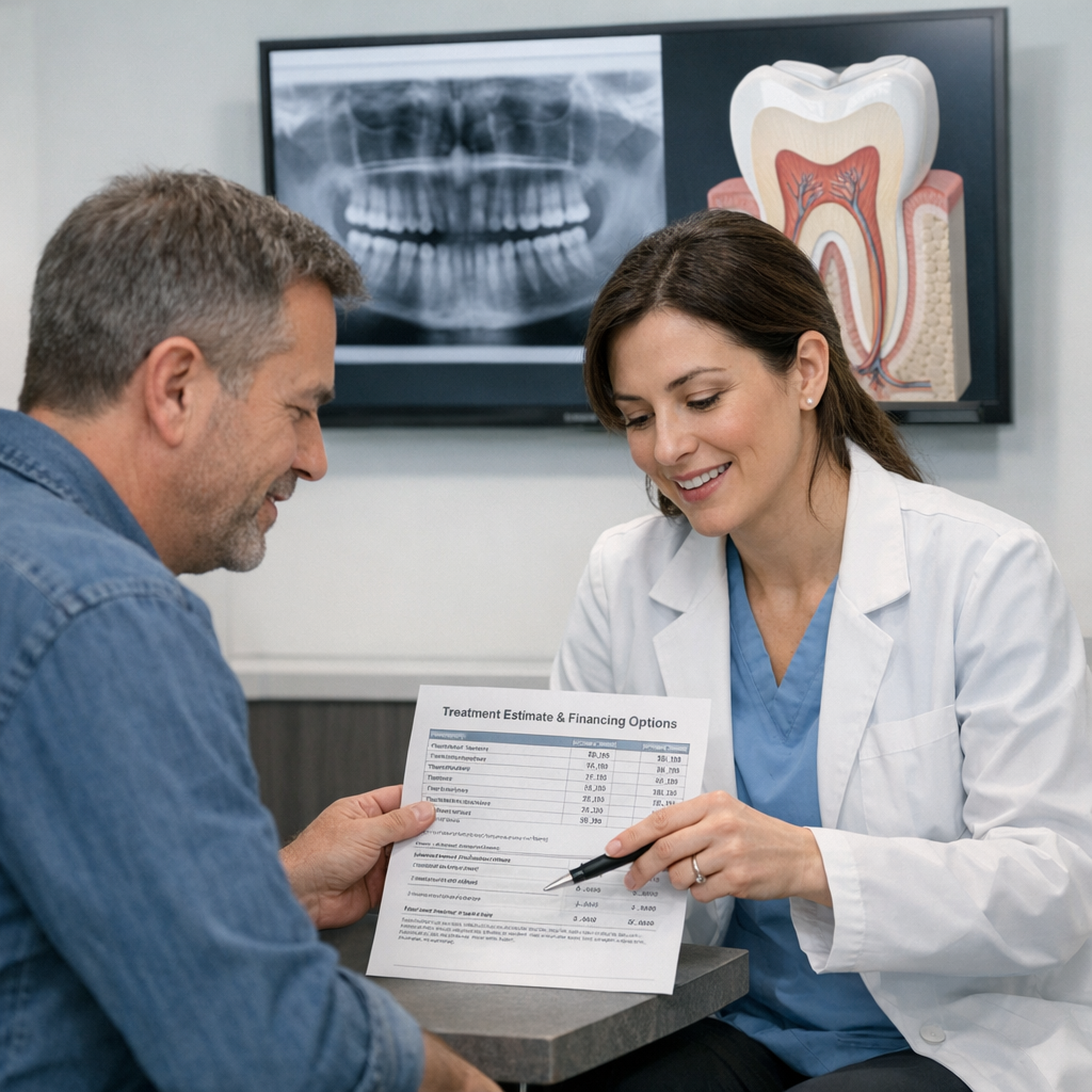 Dental specialist and patient reviewing treatment estimate and financing worksheet in modern consultation room
