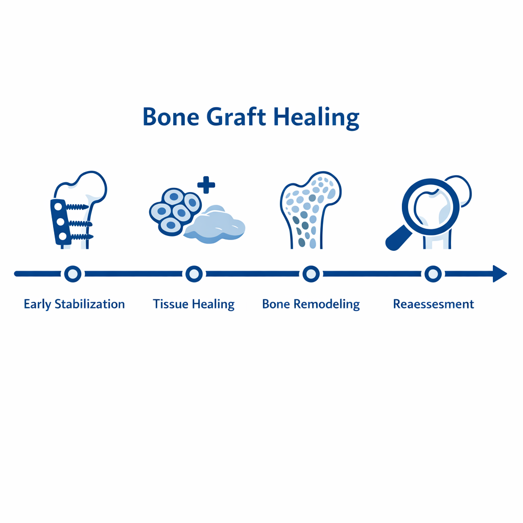 Timeline infographic of four bone graft healing stages with icons for stabilization, healing, remodeling, and reassessment.