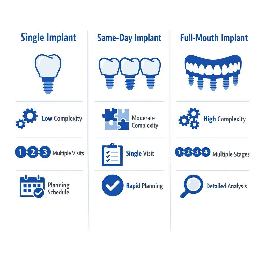 Infographic comparing complexity and planning for three dental implant case types.