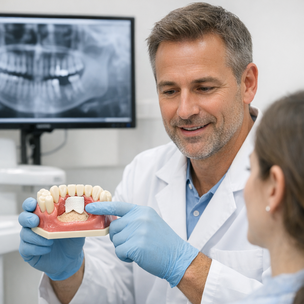 Dentist demonstrating tooth extraction site and membrane placement with model and X-ray in dental clinic