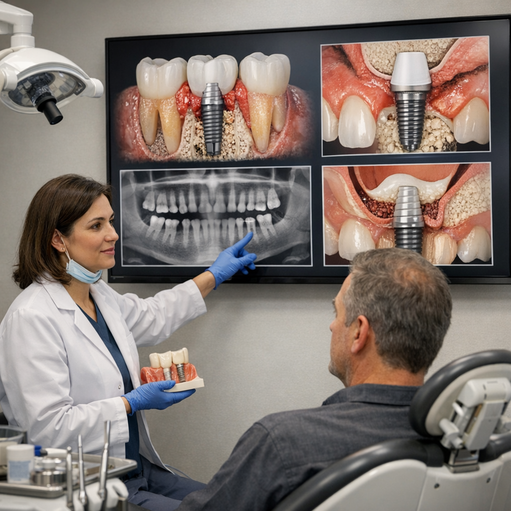 Periodontist consulting with patient using digital X-rays and treatment plan to explain dental implant cost factors