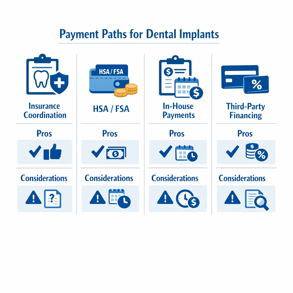 Infographic comparing four dental implant payment options with icons for pros and considerations.