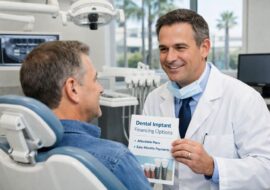 Dentist consulting with adult patient about dental implant financing in a modern Los Angeles clinic