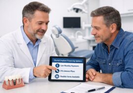 Dentist and adult patient discussing dental implant financing in a bright, modern clinic with dental equipment visible