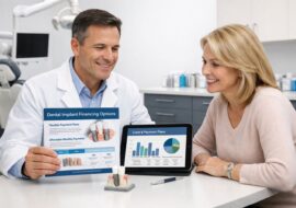 Dentist and adult patient discussing dental implant financing in a bright, modern clinic with dental equipment in the