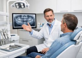 Dentist consulting adult patient about tooth removal in a clean, modern dental clinic with visible dental equipment