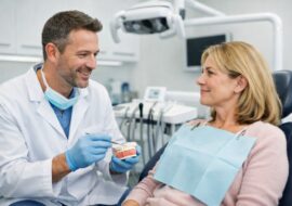 Dentist consulting adult patient in modern dental clinic with dental equipment, highlighting professional periodontal care