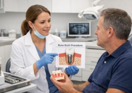 Dentist consulting adult patient about bone graft procedure in a modern, clean dental clinic with visible equipment