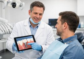 Dentist consulting with adult patient in a modern dental clinic, discussing platelet rich plasma risks with digital tablet