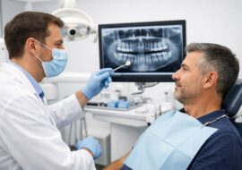 Dentist consulting adult patient about tooth health in a bright, modern dental clinic with dental equipment and digital