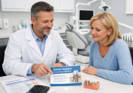 Dentist and adult patient discussing dental implant financing in a modern, clean clinic with dental equipment visible