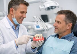 Dentist explaining cantilever bridge dental treatment to adult patient in a modern, well-lit clinic