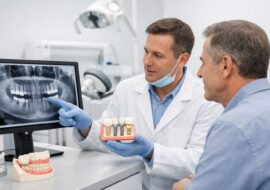 Dentist consulting with adult patient about dental implants in a modern, well-equipped clinic with bright, clean