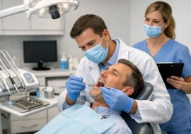 Dentist and adult patient during dental check-up in a modern, bright clinic with visible dental equipment