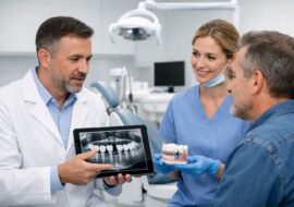 Dentist and hygienist discussing dental implant options with adult patient in a modern, clean clinic