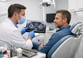 Dentist consulting with adult patient about extraction and bone graft in a clean, modern dental clinic with visible