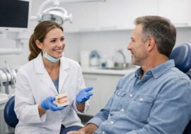 Dentist and adult patient discussing dental check up in a modern, clean dental clinic with visible dental equipment