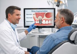 Dentist consulting with adult patient about sinus augmentation in a modern dental clinic, digital jaw diagram visible